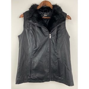 Dennis Basso Sz Small Women’s Black Faux Leather Fur Collar Full Zip Moto Vest